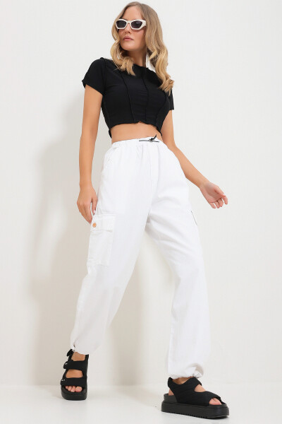 Women's White Waistband and Elastic Leg Pocket Cargo Jogger Pants Alc-X11760 - 3