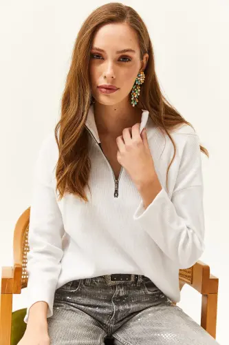 Women's White Zippered High Neck Fleece Sweatshirt-White - 4