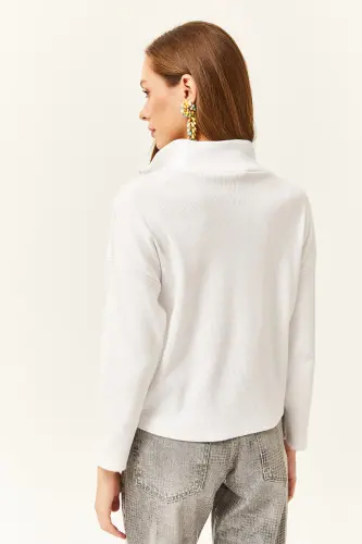 Women's White Zippered High Neck Fleece Sweatshirt-White - 5