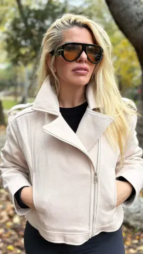 Women's White Zippered Short Wool Jacket Coat 755 - BÜYÜKBEDENIZ (1)