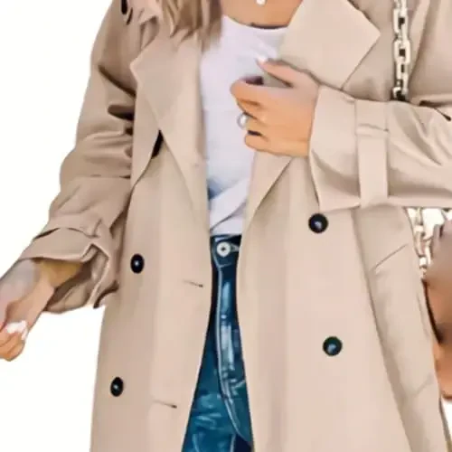 Women's Windproof Trench Coat Notched Lapel Double Breasted Long Overcoat Casual Fall Winter Windbreaker Outerwear - 4