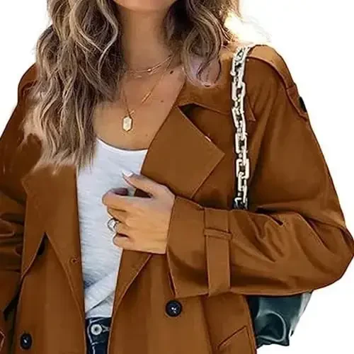 Women's Windproof Trench Coat Notched Lapel Double Breasted Long Overcoat Casual Fall Winter Windbreaker Outerwear - 3