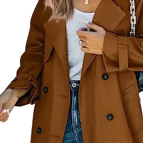 Women's Windproof Trench Coat Notched Lapel Double Breasted Long Overcoat Casual Fall Winter Windbreaker Outerwear - 4