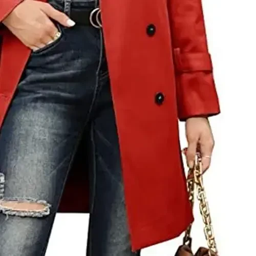 Women's Windproof Trench Coat Notched Lapel Double Breasted Long Overcoat Casual Fall Winter Windbreaker Outerwear - 6