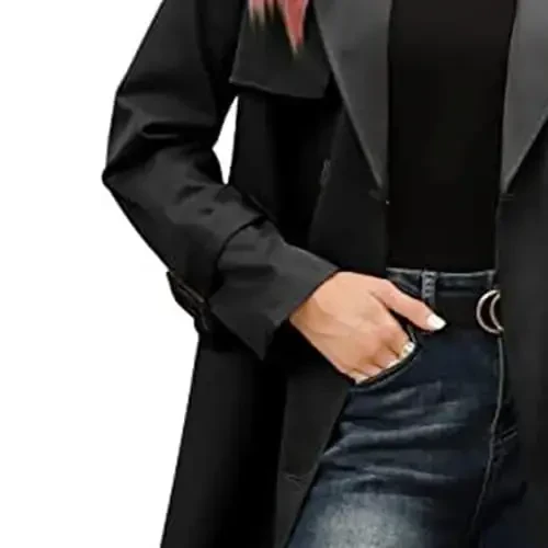 Women's Windproof Trench Coat Notched Lapel Double Breasted Long Overcoat Casual Fall Winter Windbreaker Outerwear - 6