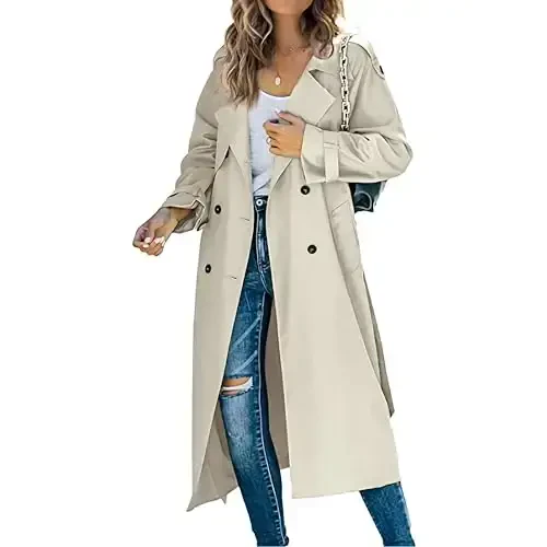 Women's Windproof Trench Coat Notched Lapel Double Breasted Long Overcoat Casual Fall Winter Windbreaker Outerwear - 1