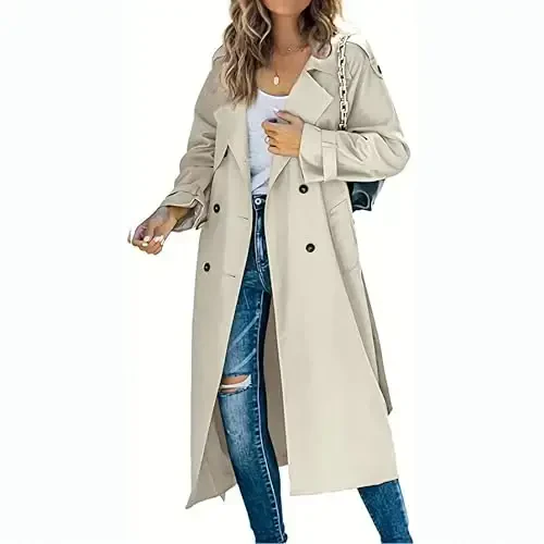 Women's Windproof Trench Coat Notched Lapel Double Breasted Long Overcoat Casual Fall Winter Windbreaker Outerwear - 2