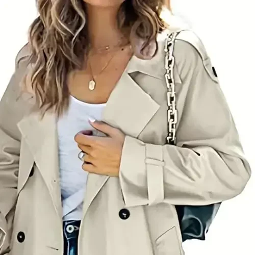 Women's Windproof Trench Coat Notched Lapel Double Breasted Long Overcoat Casual Fall Winter Windbreaker Outerwear - 3