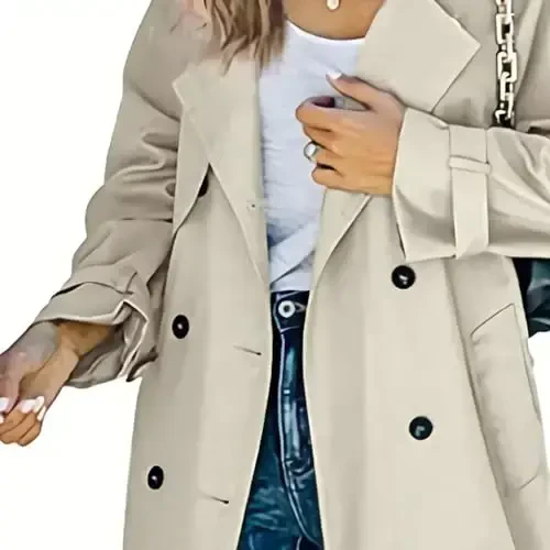 Women's Windproof Trench Coat Notched Lapel Double Breasted Long Overcoat Casual Fall Winter Windbreaker Outerwear - 4
