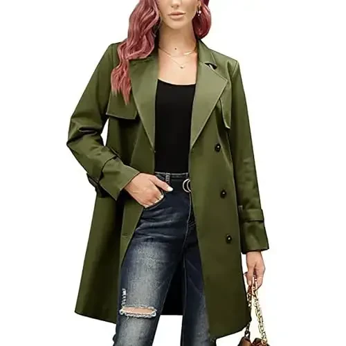 Women's Windproof Trench Coat Notched Lapel Double Breasted Long Overcoat Casual Fall Winter Windbreaker Outerwear - 5
