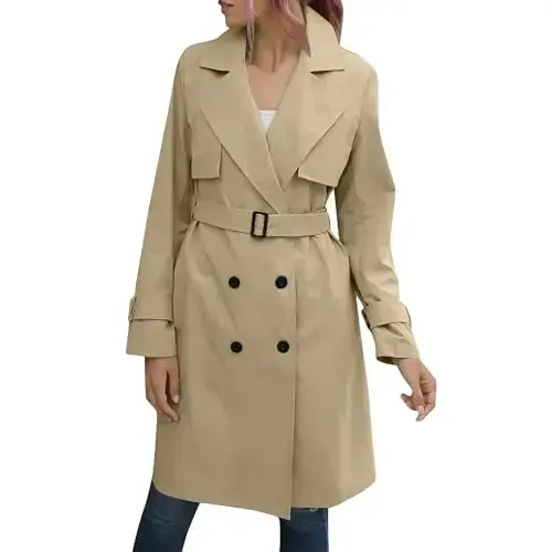Women's Windproof Trench Coat Notched Lapel Double Breasted Long Overcoat Casual Fall Winter Windbreaker Outerwear 