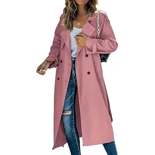 Women's Windproof Trench Coat Notched Lapel Double Breasted Long Overcoat Casual Fall Winter Windbreaker Outerwear - 1