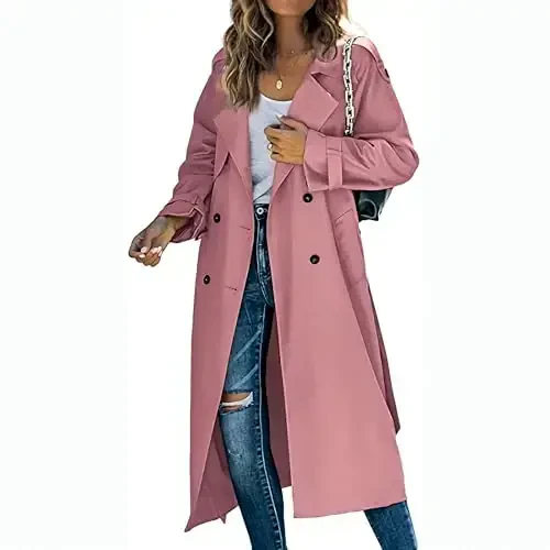 Women's Windproof Trench Coat Notched Lapel Double Breasted Long Overcoat Casual Fall Winter Windbreaker Outerwear - WOMEN'S (1)