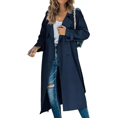 Women's Windproof Trench Coat Notched Lapel Double Breasted Long Overcoat Casual Fall Winter Windbreaker Outerwear - 1