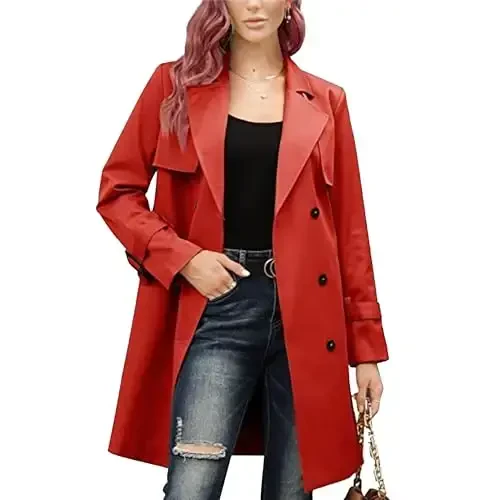 Women's Windproof Trench Coat Notched Lapel Double Breasted Long Overcoat Casual Fall Winter Windbreaker Outerwear - MAIYIFU-GJ