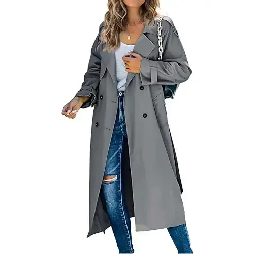 Women's Windproof Trench Coat Notched Lapel Double Breasted Long Overcoat Casual Fall Winter Windbreaker Outerwear - MAIYIFU-GJ