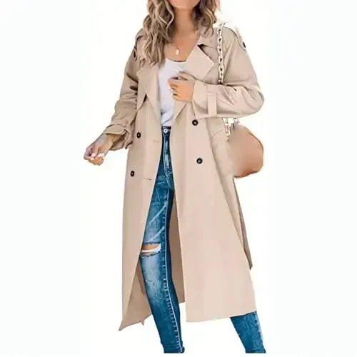 Women's Windproof Trench Coat Notched Lapel Double Breasted Long Overcoat Casual Fall Winter Windbreaker Outerwear - 2