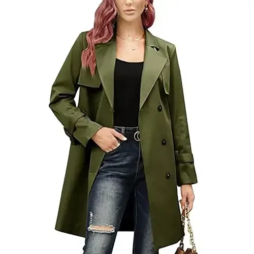 Women's Windproof Trench Coat Notched Lapel Double Breasted Long Overcoat Casual Fall Winter Windbreaker Outerwear - MAIYIFU-GJ