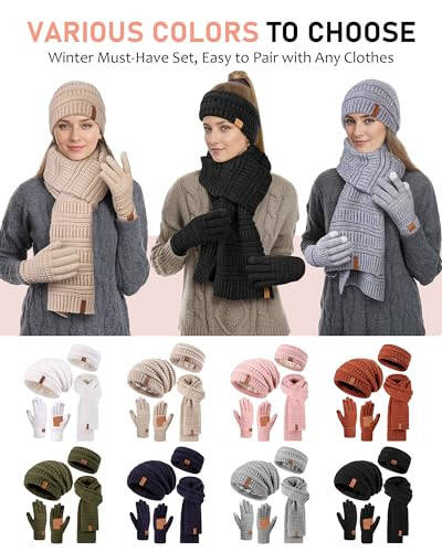 Womens Winter Beanie Hat Scarf Gloves Headband Set, Slouchy Beanie Ear Warmer Knit Scarf Touchscreen Gloves Warm 4 Gift Set - 6