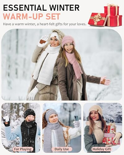 Womens Winter Beanie Hat Scarf Gloves Headband Set, Slouchy Beanie Ear Warmer Knit Scarf Touchscreen Gloves Warm 4 Gift Set - 7