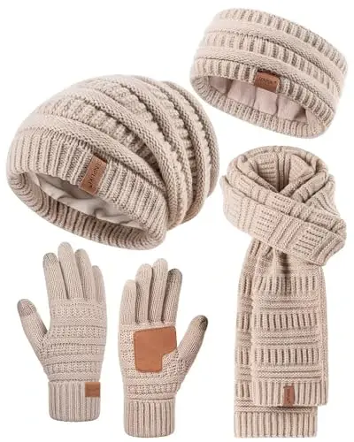 Women's Winter Beanie Hat Scarf Gloves Headband Set, Slouchy Beanie Ear Warmer Knit Scarf Touchscreen Gloves Warm 4 Gift Set - 1