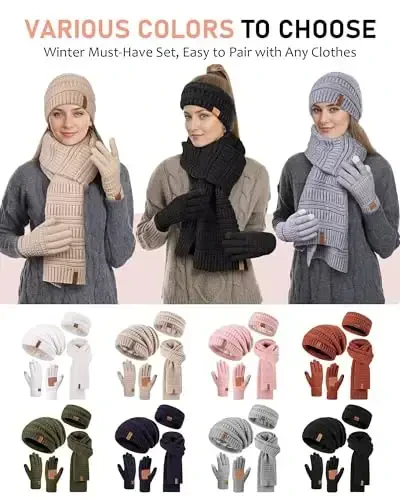 Women's Winter Beanie Hat Scarf Gloves Headband Set, Slouchy Beanie Ear Warmer Knit Scarf Touchscreen Gloves Warm 4 Gift Set - 6