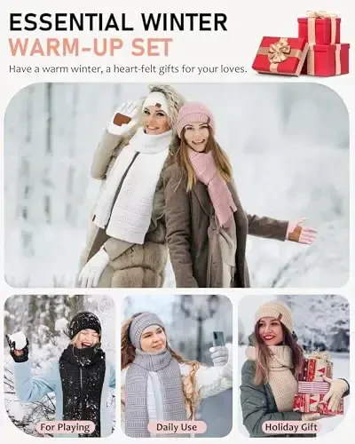 Women's Winter Beanie Hat Scarf Gloves Headband Set, Slouchy Beanie Ear Warmer Knit Scarf Touchscreen Gloves Warm 4 Gift Set - 7