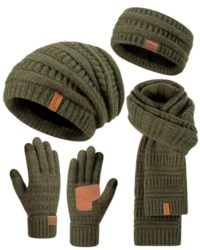 Womens Winter Beanie Hat Scarf Gloves Headband Set, Slouchy Beanie Ear Warmer Knit Scarf Touchscreen Gloves Warm 4 Gift Set - 1