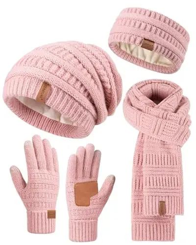 Womens Winter Beanie Hat Scarf Gloves Headband Set, Slouchy Beanie Ear Warmer Knit Scarf Touchscreen Gloves Warm 4 Gift Set - 1