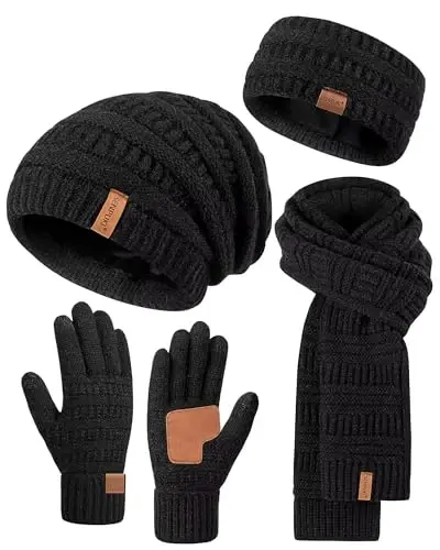 Womens Winter Beanie Hat Scarf Gloves Headband Set, Slouchy Beanie Ear Warmer Knit Scarf Touchscreen Gloves Warm 4 Gift Set - 1