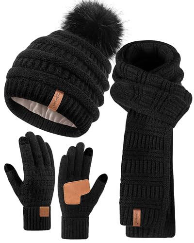 Women's Winter Beanie Scarf Gloves Set, Pom Pom Hat with Warm Fleece Lined Long Knit Scarf Touchscreen Gloves for Cold Weather - 1