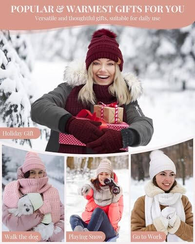 Women's Winter Beanie Scarf Gloves Set, Pom Pom Hat with Warm Fleece Lined Long Knit Scarf Touchscreen Gloves for Cold Weather - 2