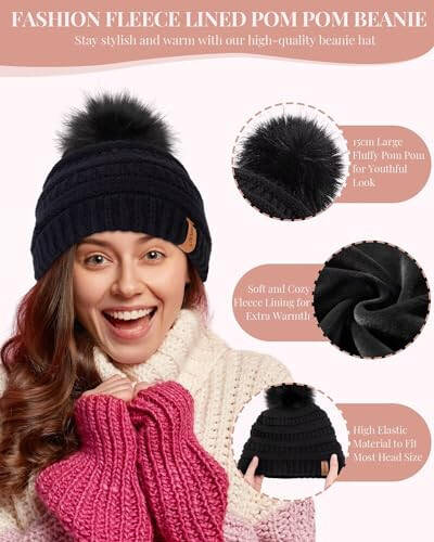 Women's Winter Beanie Scarf Gloves Set, Pom Pom Hat with Warm Fleece Lined Long Knit Scarf Touchscreen Gloves for Cold Weather - 3