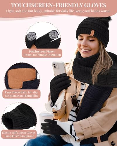 Women's Winter Beanie Scarf Gloves Set, Pom Pom Hat with Warm Fleece Lined Long Knit Scarf Touchscreen Gloves for Cold Weather - 4