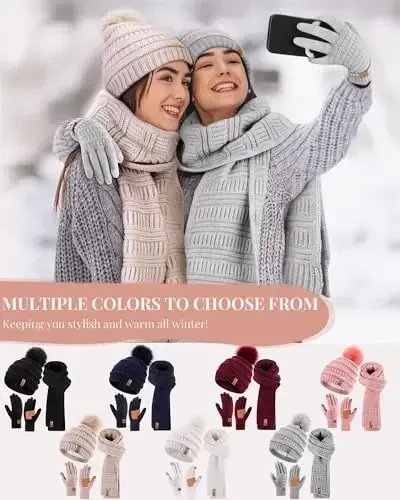 Womens Winter Beanie Scarf Gloves Set, Pom Pom Hat with Warm Fleece Lined Long Knit Scarf Touchscreen Gloves for Cold Weather - 7
