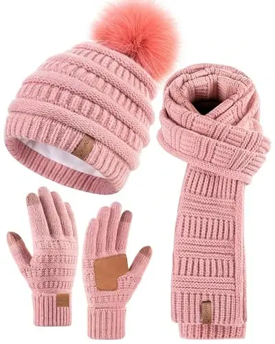 Womens Winter Beanie Scarf Gloves Set, Pom Pom Hat with Warm Fleece Lined Long Knit Scarf Touchscreen Gloves for Cold Weather 