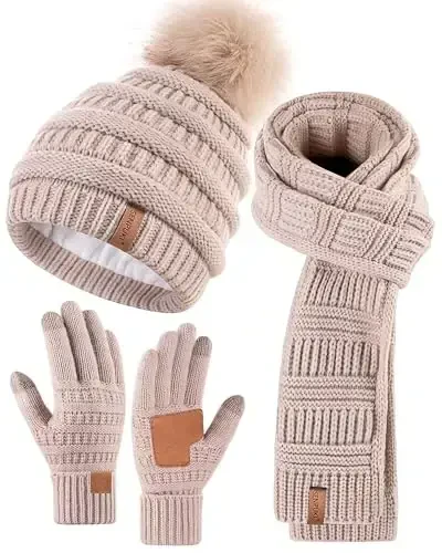 Womens Winter Beanie Scarf Gloves Set, Pom Pom Hat with Warm Fleece Lined Long Knit Scarf Touchscreen Gloves for Cold Weather - 1