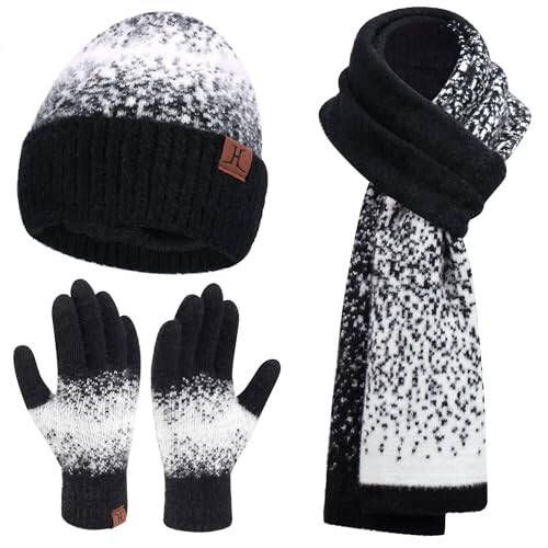 Womens Winter Knit Beanie Hats and Touchscreen Gloves Long Scarf Set with Warm Fleece Lined Skull Caps Scarves for Women - 1