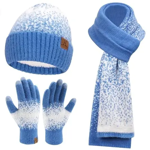 Womens Winter Knit Beanie Hats and Touchscreen Gloves Long Scarf Set with Warm Fleece Lined Skull Caps Scarves for Women 