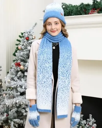 Womens Winter Knit Beanie Hats and Touchscreen Gloves Long Scarf Set with Warm Fleece Lined Skull Caps Scarves for Women - 6