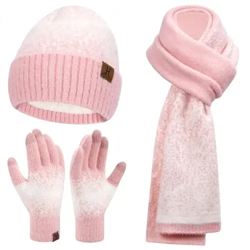 Womens Winter Knit Beanie Hats and Touchscreen Gloves Long Scarf Set with Warm Fleece Lined Skull Caps Scarves for Women - 1
