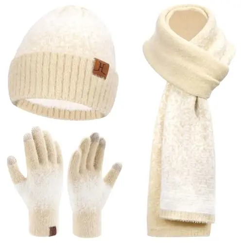 Womens Winter Knit Beanie Hats and Touchscreen Gloves Long Scarf Set with Warm Fleece Lined Skull Caps Scarves for Women 