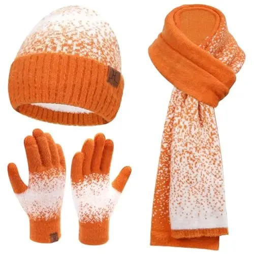 Womens Winter Knit Beanie Hats and Touchscreen Gloves Long Scarf Set with Warm Fleece Lined Skull Caps Scarves for Women 