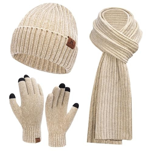 Women's Winter Knit Warm Hat Beanie + Long Scarf + Touch Screen Gloves Set - 1