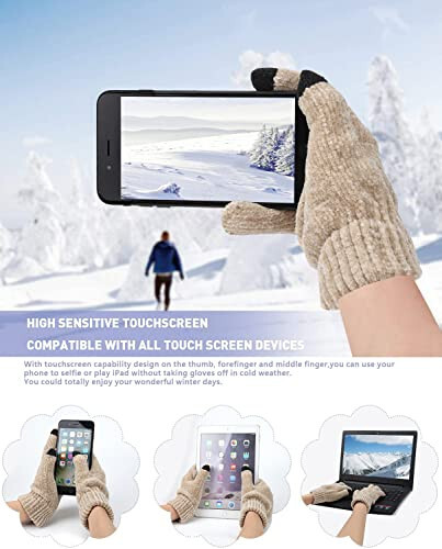 Women's Winter Knit Warm Hat Beanie + Long Scarf + Touch Screen Gloves Set - 3