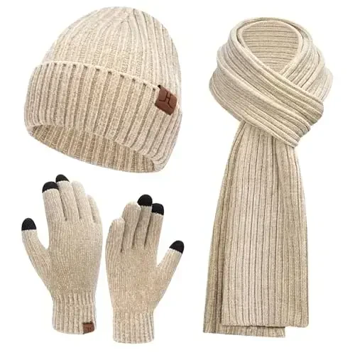 Womens Winter Knit Warm Hat Beanie Long Scarf Touch Screen Gloves Set Skull Caps Neck Scarves for Women 