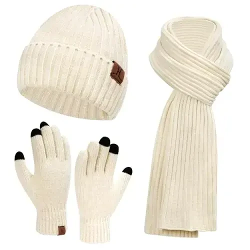 Womens Winter Knit Warm Hat Beanie Long Scarf Touch Screen Gloves Set Skull Caps Neck Scarves for Women - 1
