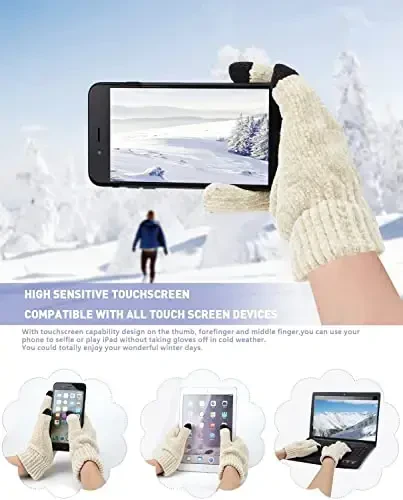 Womens Winter Knit Warm Hat Beanie Long Scarf Touch Screen Gloves Set Skull Caps Neck Scarves for Women - 3
