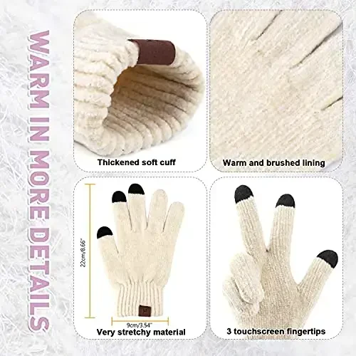 Womens Winter Knit Warm Hat Beanie Long Scarf Touch Screen Gloves Set Skull Caps Neck Scarves for Women - 4