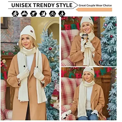 Womens Winter Knit Warm Hat Beanie Long Scarf Touch Screen Gloves Set Skull Caps Neck Scarves for Women - 5